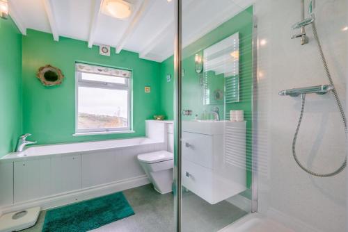 ein grünes Badezimmer mit Toilette und Dusche in der Unterkunft Trevalley in Treknow