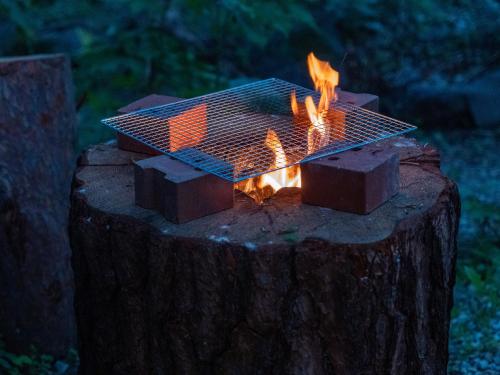 a fire pit sitting on top of a tree stump at Pension Balmy in Nasu