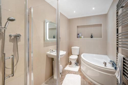 a bathroom with a toilet and a sink and a shower at Heavenly View in Southerndown