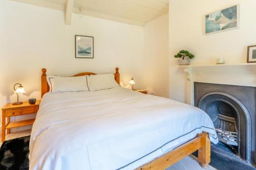 a bedroom with a large bed and a fireplace at Pengwern in Llangranog
