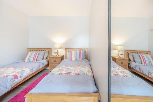 a bedroom with two twin beds and a mirror at Paxton View Barn - Llanddarog in Llanddarog