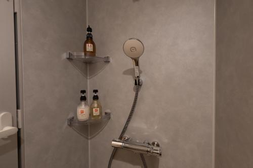 a shower with a shower head and bottles on shelves at Onn nakatsugawa in Nakatsugawa