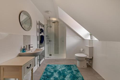 Un baño con lavabo, inodoro y espejo. en Hafan - Saundersfoot, en Saundersfoot