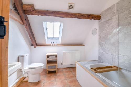 Un baño con inodoro, lavabo y ventana. en Great Tre-Rhew Farm, en Llanvetherine