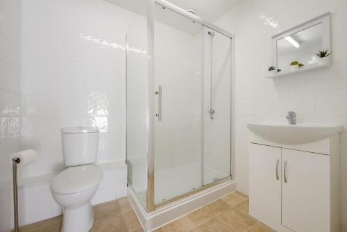 a bathroom with a shower and a toilet and a sink at Magnolia - Bude in Bude