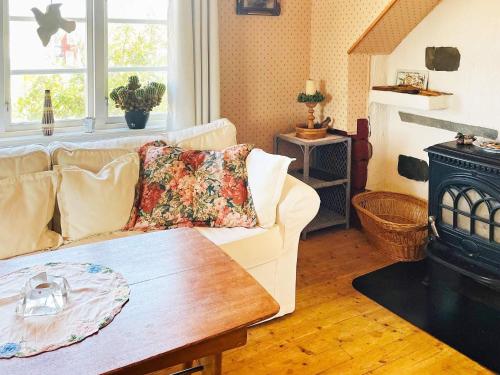 a living room with a couch and a fireplace at 4 person holiday home in Rönnäng-By Traum in Rönnäng