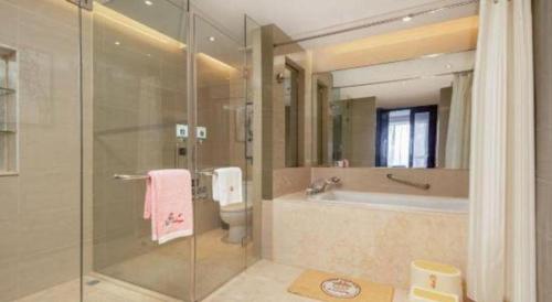 a bathroom with a shower and a tub and a toilet at Wuhan Soluxe Hotel in Wuhan
