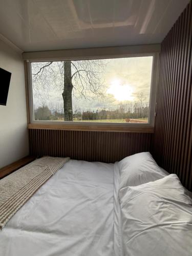 a bed in a room with a window at Refugio lliu lliu, eco suite in Huiscapi