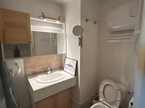 ein kleines Badezimmer mit Waschbecken und Toilette in der Unterkunft Appartement spacieux en montagne avec loggia, au cœur de la station, proche piste et lac - FR-1-814-62 in Besse-et-Saint-Anastaise