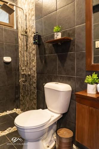 a bathroom with a toilet and a shower at Spacio Caliraya Bed & Breakfast in Lumban