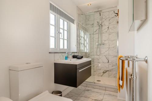 un bagno con wc, lavandino e doccia di Fishermans Cottage - Neasham a Neasham