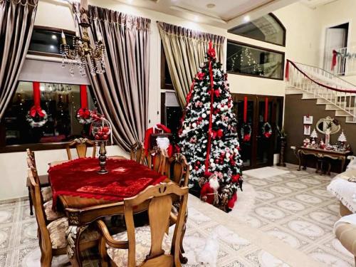 a christmas tree in a living room with a table at Eva's Luxury Villa in Kritharia
