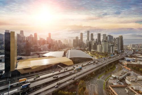 a view of a city with traffic on a highway at Oakwood Premier Melbourne in Melbourne
