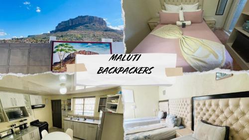 a collage of photos of a hotel room with a bedroom at Maluti Backpackers in Phuthaditjhaba