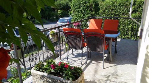 a group of chairs and a table on a balcony at FaDóra Apartman in Tihany