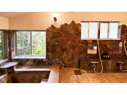 a kitchen with a stone wall and a sink at Pension Jogasaki - Vacation STAY 62011v in Ito