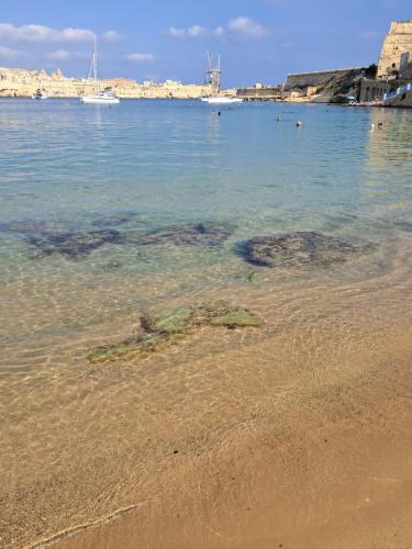 a body of water with a sandy beach and the ocean at Old refurbished Apartment in Bormla in Cospicua