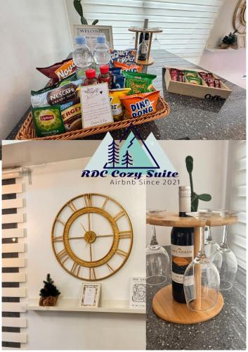a shelf with a clock and a keyboard at RDC Cozy Suite in Tagaytay