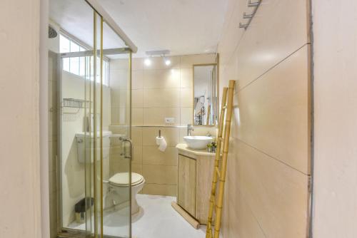 a bathroom with a shower and a toilet and a sink at Quaint 4-bedroom Beach Villa in a fishing village in Grand Gaube
