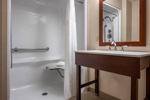 a bathroom with a sink and a shower at Comfort Suites near Penn State - State College, PA in State College