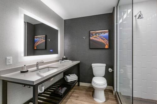 a bathroom with a sink and a toilet and a mirror at Cambria Hotel Austin Airport in Austin