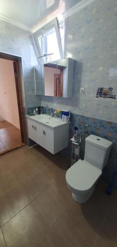 ein Badezimmer mit einer weißen Toilette und einem Waschbecken in der Unterkunft Cozy Home in Ozurgetʼi