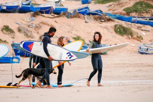 a group of people with surfboards and a dog on the beach at Surf Treasure Morocco in Aourir