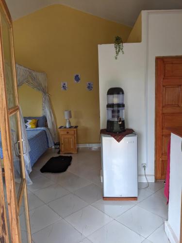 a room with a bed and a refrigerator with a coffee maker at Charmante petite maison toute équipée in Talata-maty