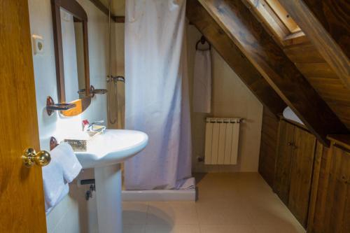 薩拉爾杜的住宿－Hostal Aiguamog，一间带水槽和淋浴帘的浴室