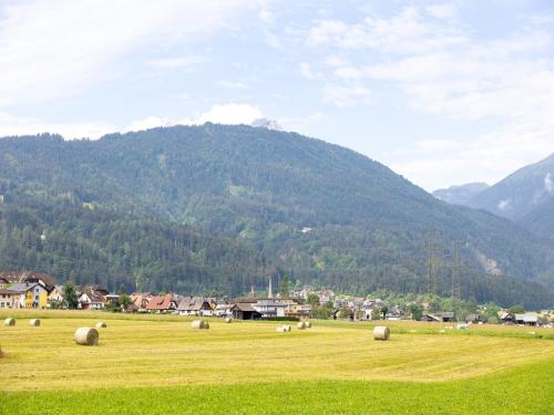 a herd of sheep grazing in a field with mountains in the background at Apartment in Tröpolach near Nassfeld in Tröpolach