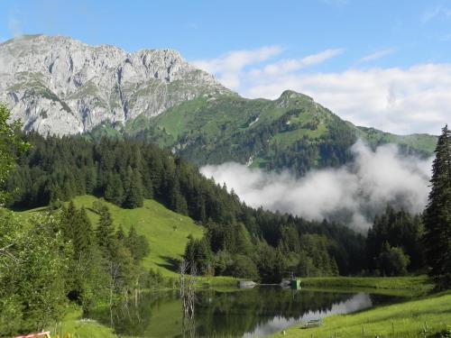 a view of a mountain with a lake and trees at Apartment in Tröpolach near Nassfeld in Tröpolach