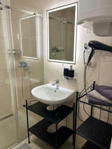 a bathroom with a sink and a shower and a mirror at Fantasia Apartment - Tesla palace in Kragujevac