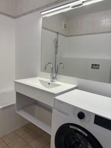 a white bathroom with a washing machine and a sink at Appartements Rocky Lake in Techelsberg am Worthersee