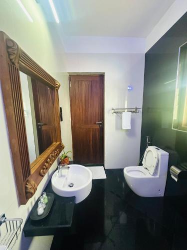 a bathroom with a sink and a toilet and a mirror at Clara Villas Amithirigala in Avissawella