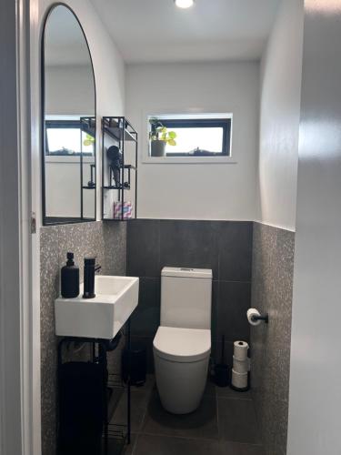 a bathroom with a white toilet and a sink at WEST HUB. Private Infrared Sauna near city & much more! New purpose built loft style! in Brisbane