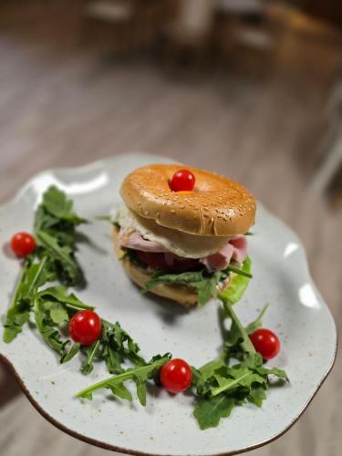 a sandwich on a white plate with a salad at Zielone Apartamenty Katowice Chorzów in Chorzów
