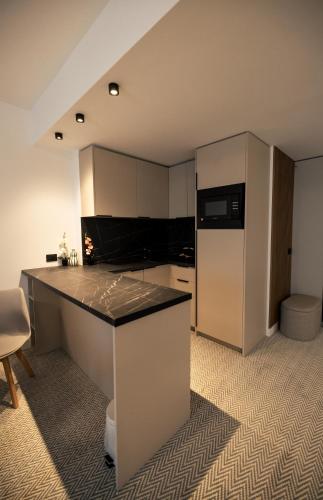 a kitchen with a counter and a refrigerator at Hotel Poem - Roof Top Pool & Panoramic Sea View in Eforie Nord