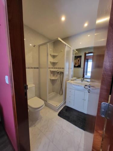 een badkamer met toilet, douche en wastafel bij Apartemento Cerveira in Vila Nova de Cerveira