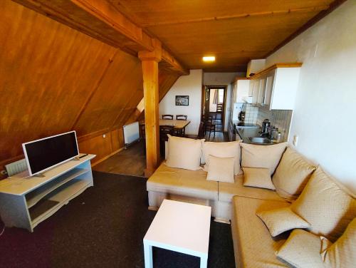 a living room with a couch and a tv at FerienFleckl in Warmensteinach