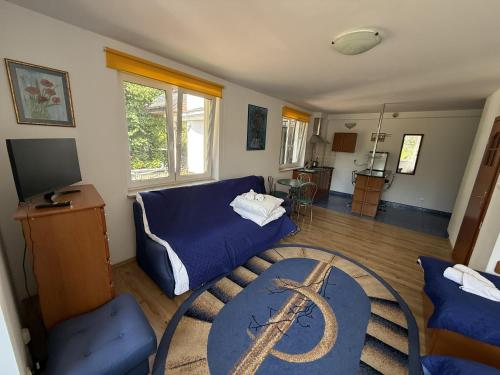 a living room with a blue couch and a table at VITA Augustów in Augustów