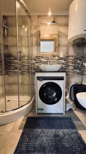 a washing machine in a bathroom with a sink at Apartamenty Piaskowe Rowy in Rowy