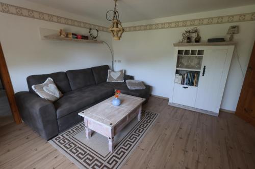 un salon avec un canapé et une table basse dans l'établissement Cottage Sächsische Schweiz, à Pirna