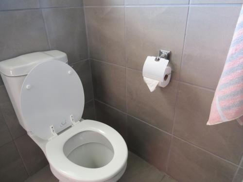 Un baño con inodoro y un rollo de papel higiénico. en Island View Room, en Mossel Bay