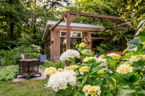 a small house with white flowers in the yard at B&B de Hinne in Holten