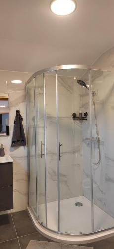 a shower with a glass enclosure in a bathroom at MaxLux Apartments in Slovenj Gradec
