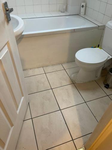 a bathroom with a toilet and a bath tub at Tranquil Thamesmead Treasure - London in Thamesmead