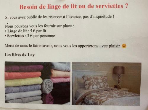 a collage of two pictures of a bedroom with towels at Les rives du Lay gîte Elbée in Le Boupère