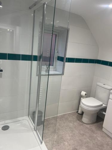 a bathroom with a toilet and a glass shower at 3 bed flat 10 mins to Alton Towers Sleeps 6-8 people in Cheadle