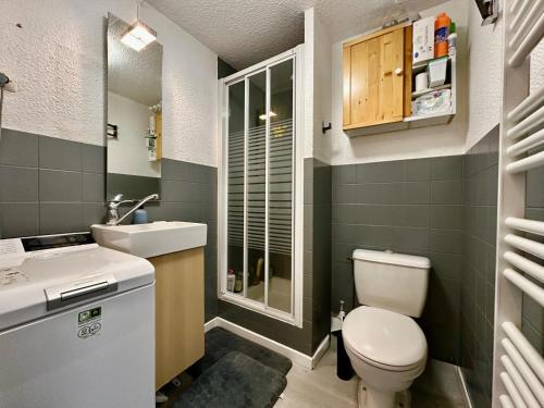 Un baño pequeño con inodoro y lavabo. en Edelweiss Résidence plein centre de la station rez de chaussée 50 m des navettes gratuites belle terrasse et grand parking privé en sous sol, en Les Carroz d'Araches
