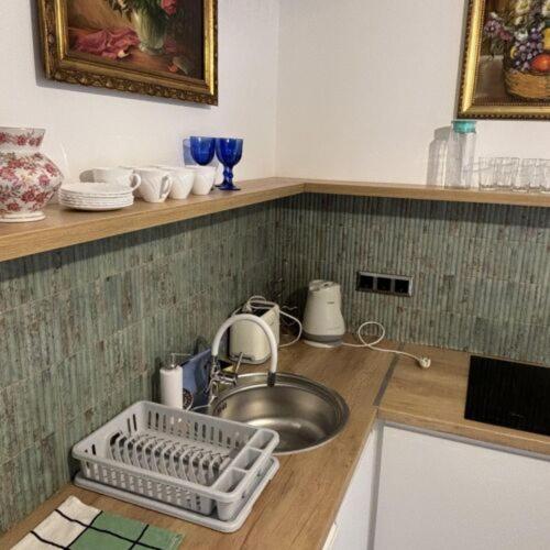a kitchen counter with a sink and a sink at Yellow Rose in Balatongyörök